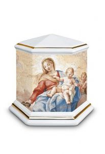 Mini urne pour cendres en porcelaine 'Esagono' | Notre-Dame avec Enfant - bordures dorées