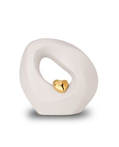 Petite urne funéraire en céramique blanche mate avec coeur en or 'Infini'