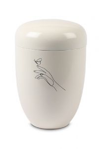 Urne funéraire en métal blanc – Ligne main avec papillon