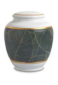 Urne funéraire en porcelaine 'Classica' | Feuilles vertes avec bordures dorées
