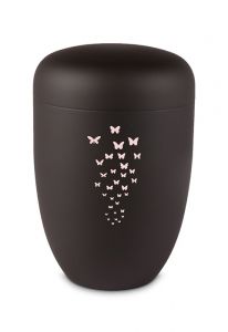 Urne funéraire en métal mat noir avec papillons rose